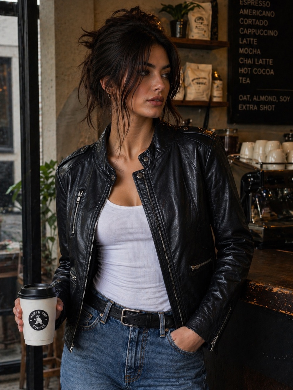 Retro Black Rivet Slim Cut Lightweight Lined  Black Leather Moto Jacket